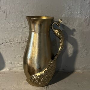 Gold tone metal metallic peacock vase, jar decorative accents decoration